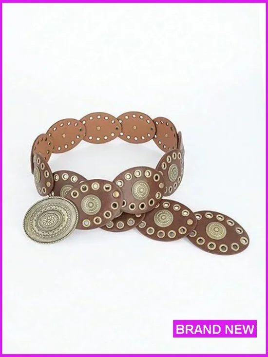 Wide Western Leather Belt Boho Concho Buckle Adjustable Vintage Cowgirl Style - Picture 6 of 6